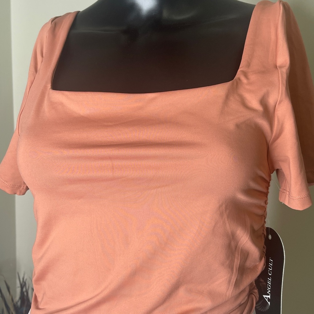 A New Day Tan Fitted Blouse with Short Sleeves